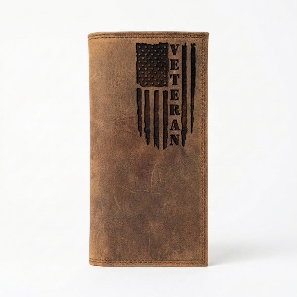 Distressed brown leather roper wallet with an engraved American flag and the word VETERAN on the front.
