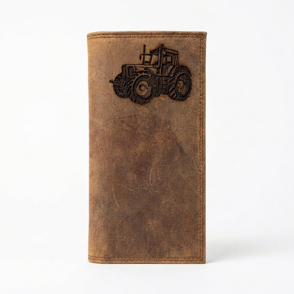 Men's Distressed Leather Long Wallet with Engraved Tractor Design