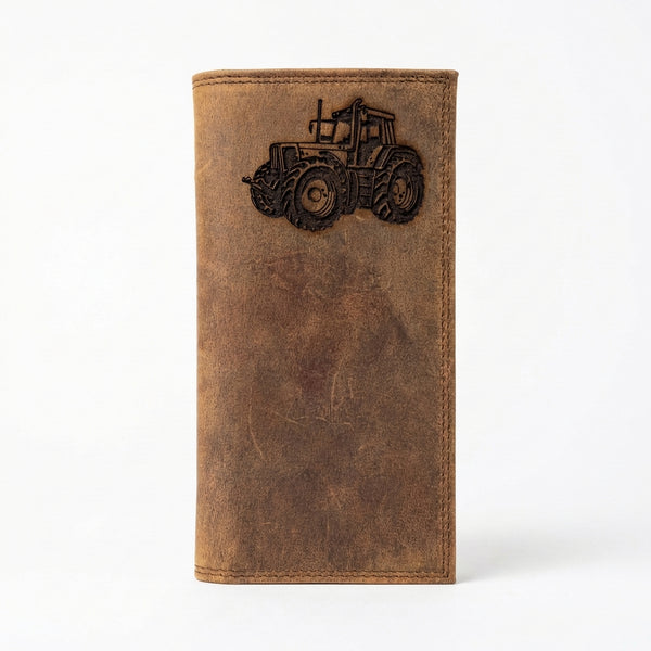 Men's Distressed Leather Long Wallet with Engraved Tractor Design