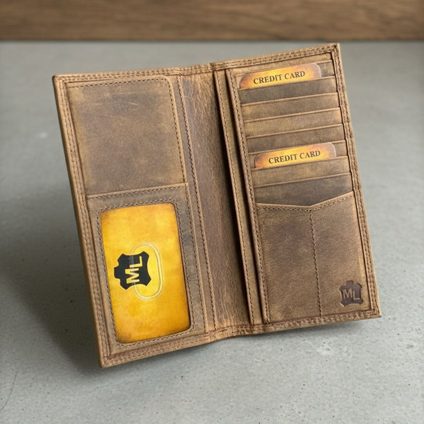 Men's Distressed Leather Rodeo Wallet - Engraved Deer Stag Buck Design