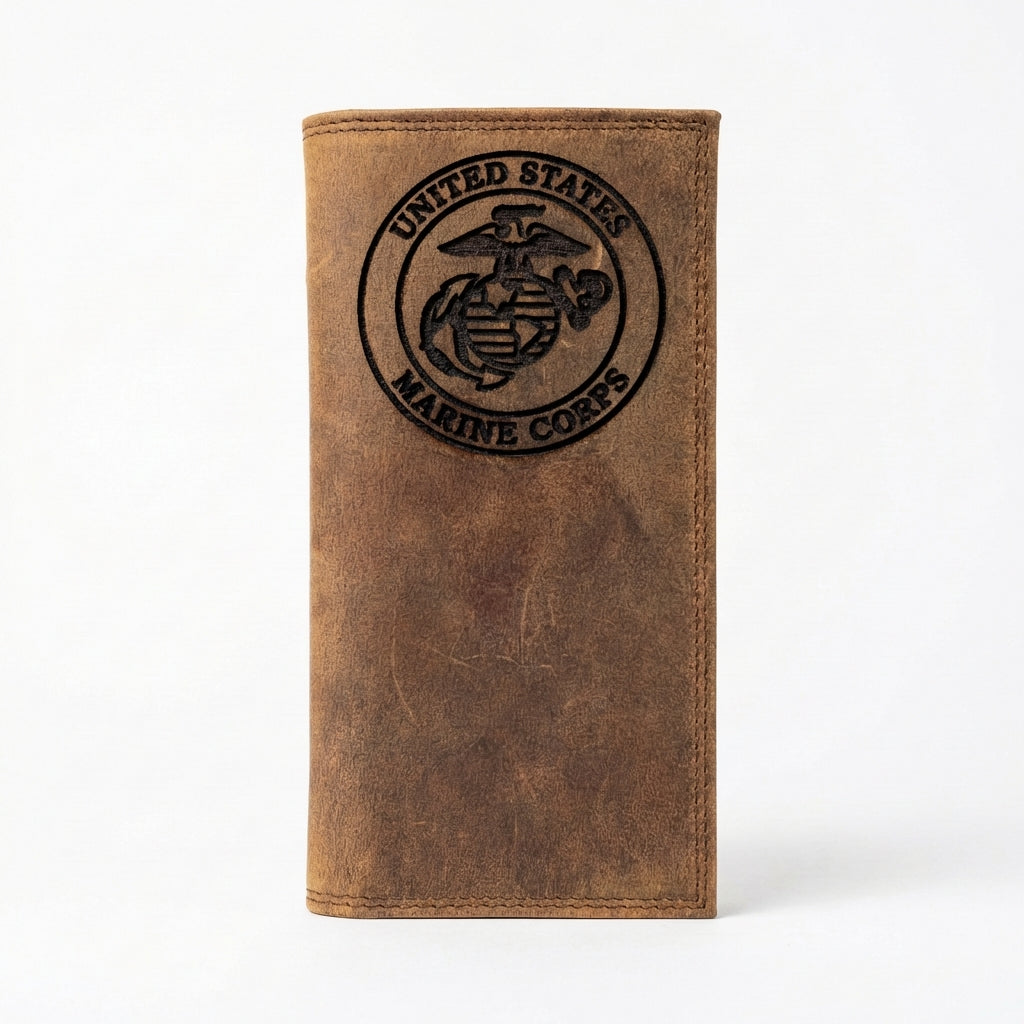 USMC Marine Corps Distressed Brown Leather Long Wallet - Miller's Leat
