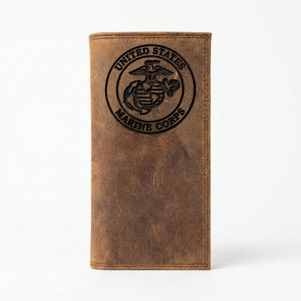 USMC Marine Corps Distressed Brown Leather Long Wallet - Miller's Leat