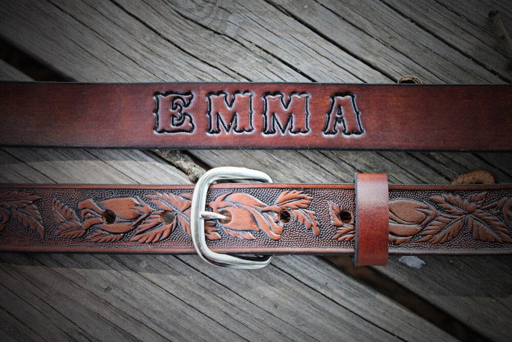 Personalized Kids Leather Belt with Roses - Custom Name Engraved | Miller's Leather