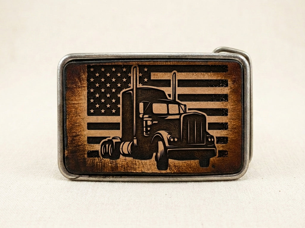 Patriotic Leather Semi-Truck Belt Buckle with American Flag