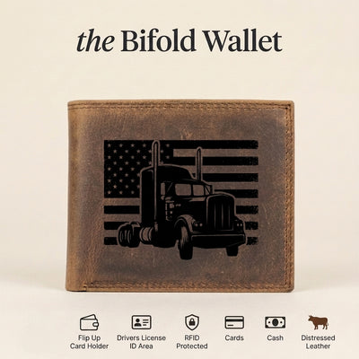 American Trucker Leather Wallet, Patriotic Trucker Gift