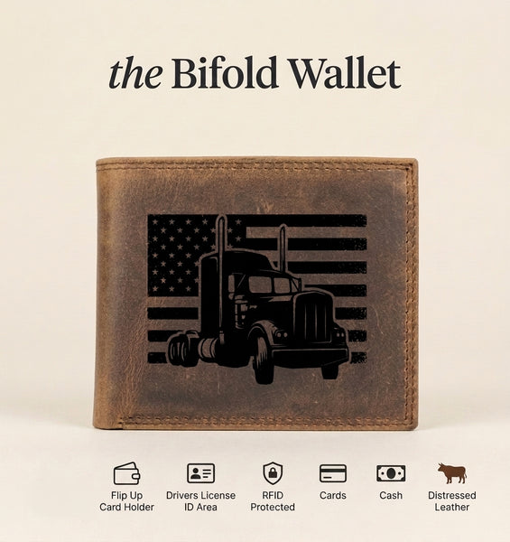American Trucker Leather Wallet, Patriotic Trucker Gift