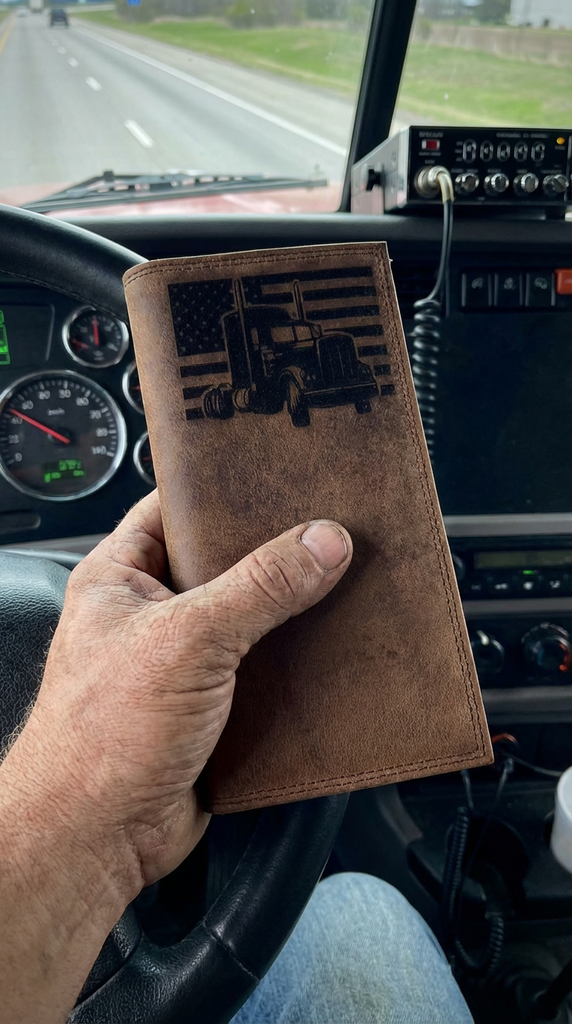 Distressed leather roper wallet with an American flag and semi-truck design held in a truck driver's hand.