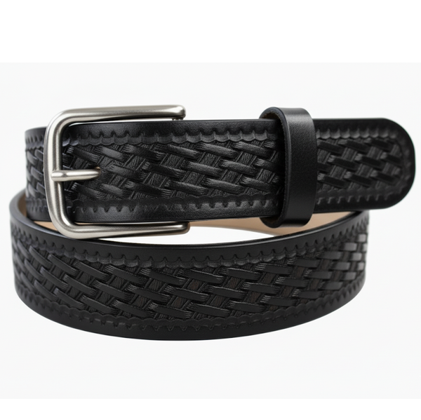 Handcrafted Leather Belt  with Detailed Smaller Basket Weave Design (Solid Leather, No Stitching)