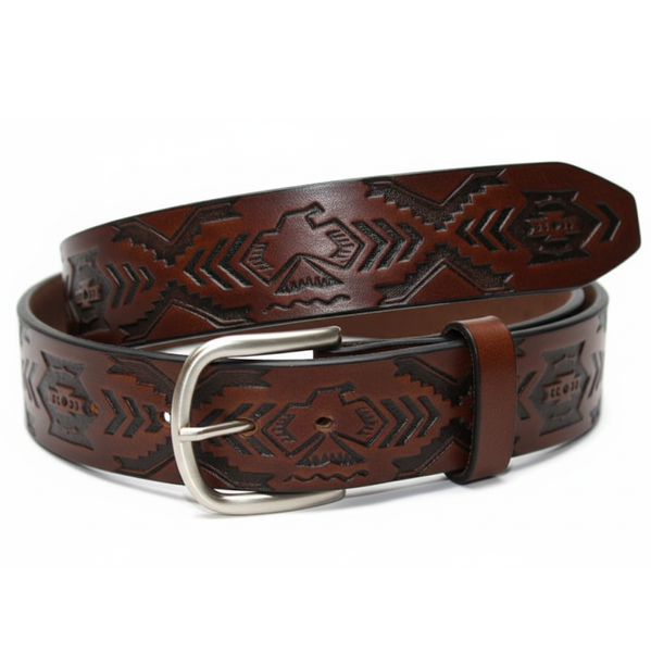 Handcrafted Leather Belt  with Thunderbird Southwest Tooled Design (Solid Leather, No Stitching)