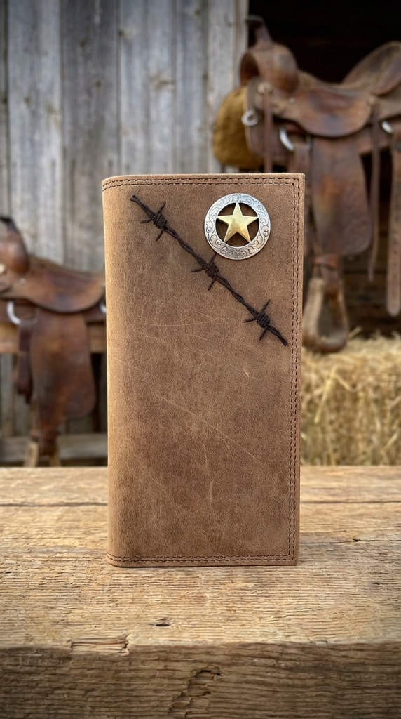 Men's Barbed Wire Star Concho Roper Wallet - Distressed Leather Long Wallet
