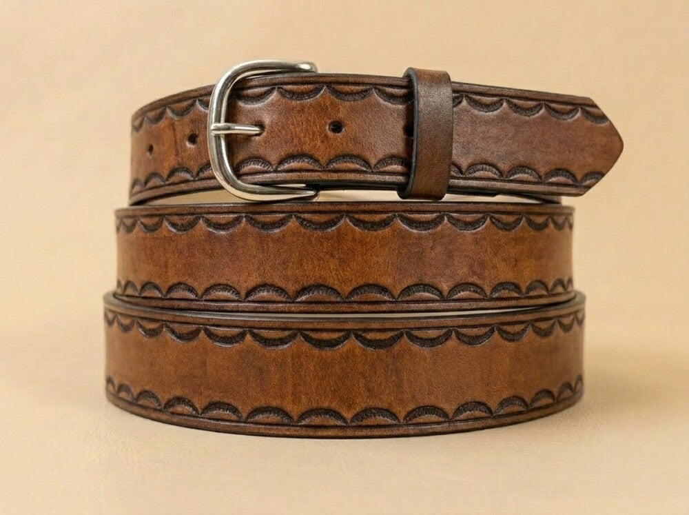 Tooled Border Handcrafted Leather Belt - Full Grain Made in  display picture 3