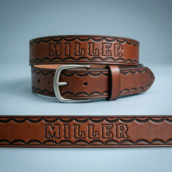 Tooled Border Handcrafted Leather Belt - Full Grain Made in USA
