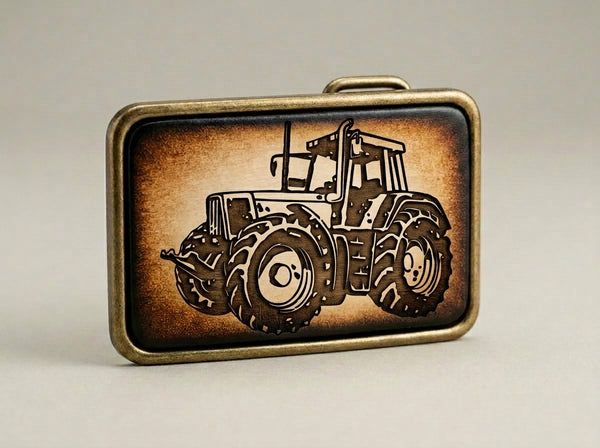 Rustic Leather Tractor Belt Buckle - Vintage Farming Accessory