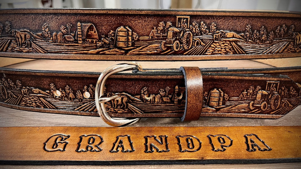 Farm Tooled Leather Belt, Tractor Belt, Made in the USA by Miller's Leather Shop