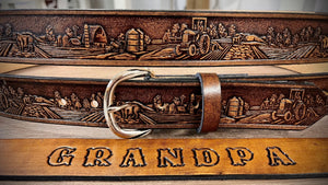 Farm Tooled Leather Belt, Tractor Belt, Made in the USA by Miller's Leather Shop