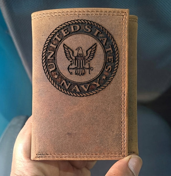 United States Navy Engraved Distressed Brown Leather Trifold Wallet
