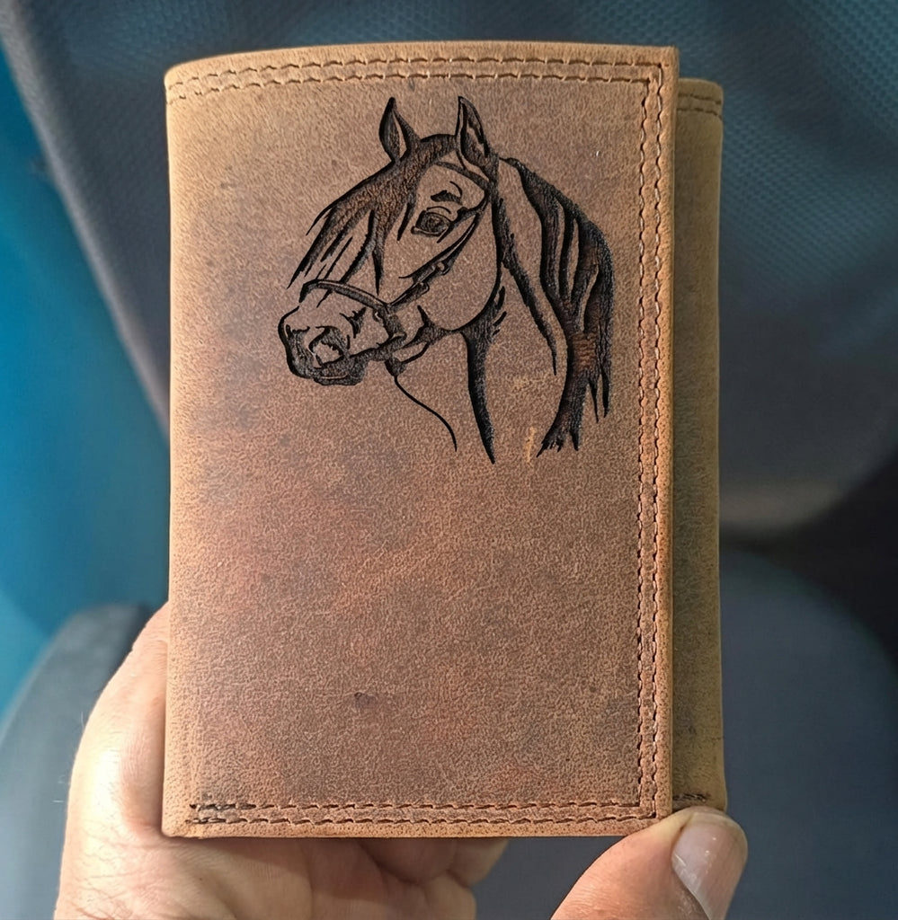 Handcrafted Leather Trifold Wallet with Engraved Horse Head