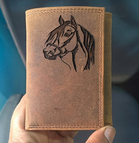 Handcrafted Leather Trifold Wallet with Engraved Horse Head