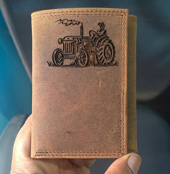 Vintage Tractor Engraved Men's Distressed Leather Trifold Wallet