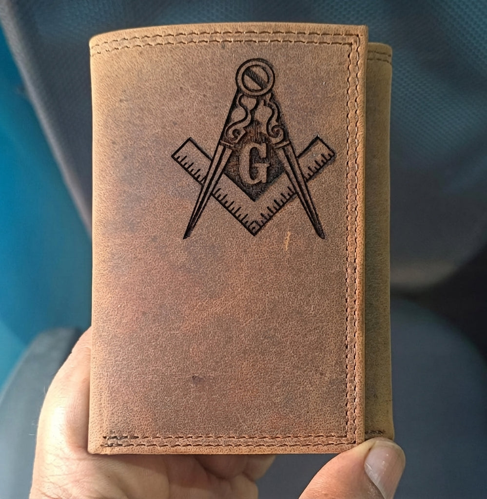 Genuine Leather Masonic Trifold Wallet with Square and Compasses Logo