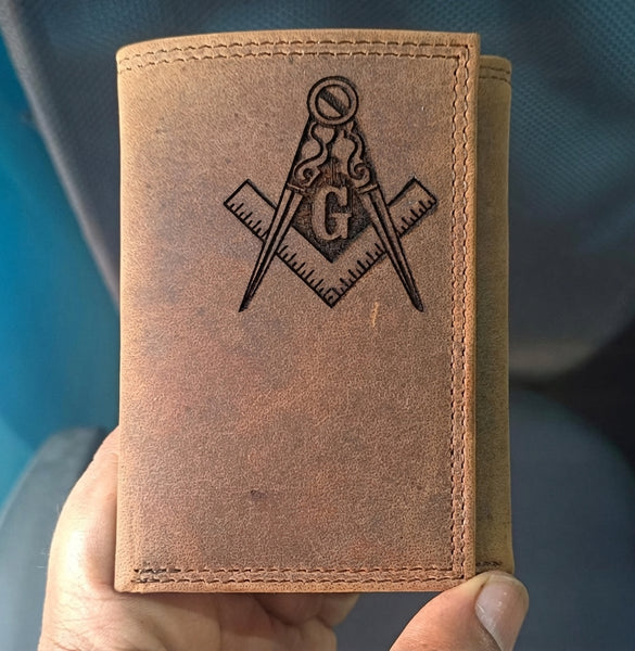 Genuine Leather Masonic Trifold Wallet with Square and Compasses Logo