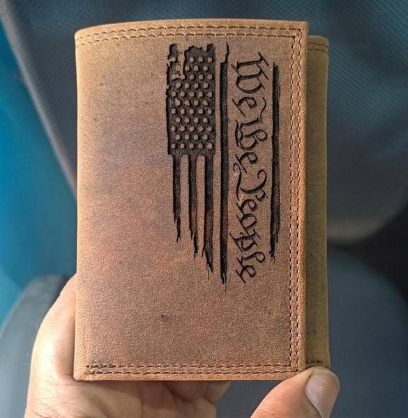 Engraved Leather Trifold Wallet - American Flag 'We the People' Design