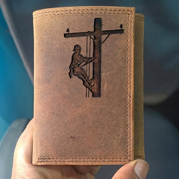 Men's Laser Engraved Leather Wallet - Lineman Power Pole Design
