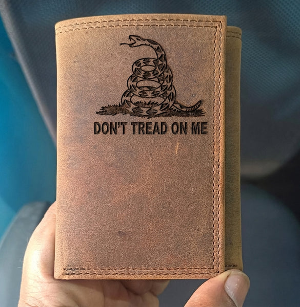 Genuine Leather Gadsden Flag Trifold Wallet - Don't Tread On Me Engraved