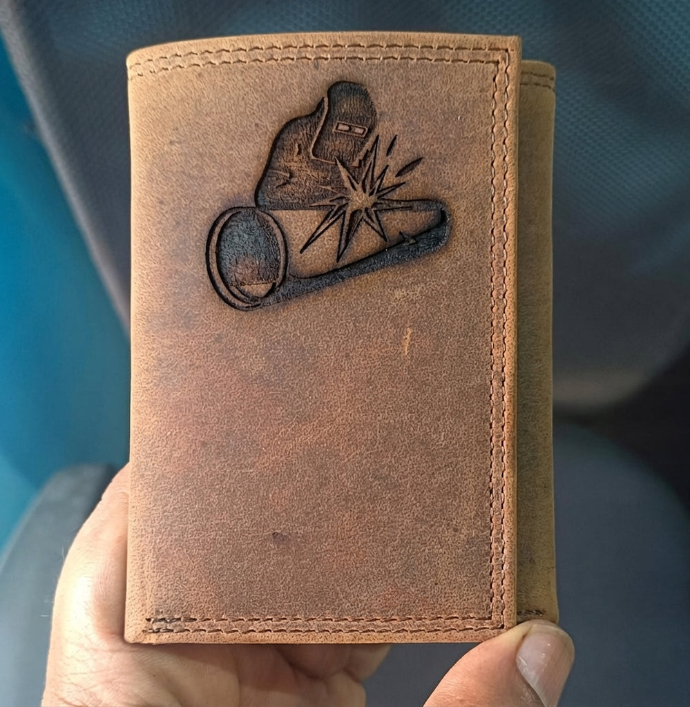 Men's Distressed Brown Leather Wallet with Welder Embossed Logo