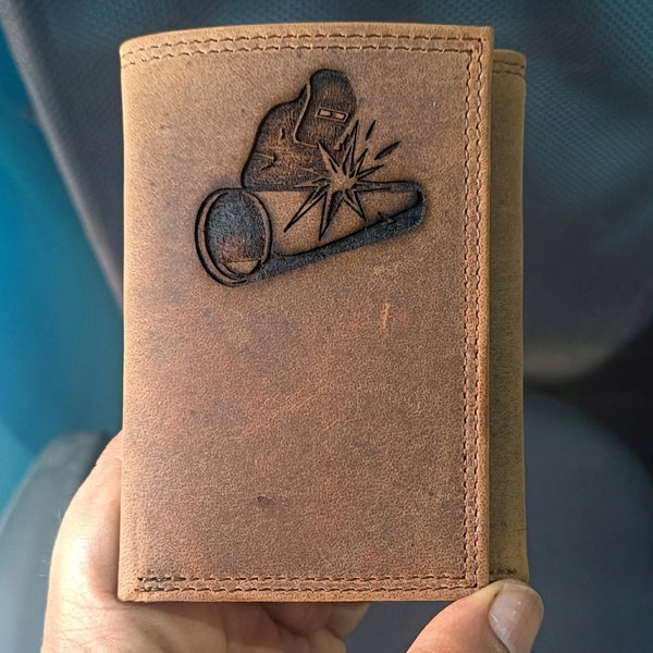 Men's Distressed Brown Leather Wallet with Welder Embossed Logo