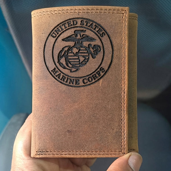 USMC Marine Corps Engraved Trifold Wallet - Brown Leather Men's Gift