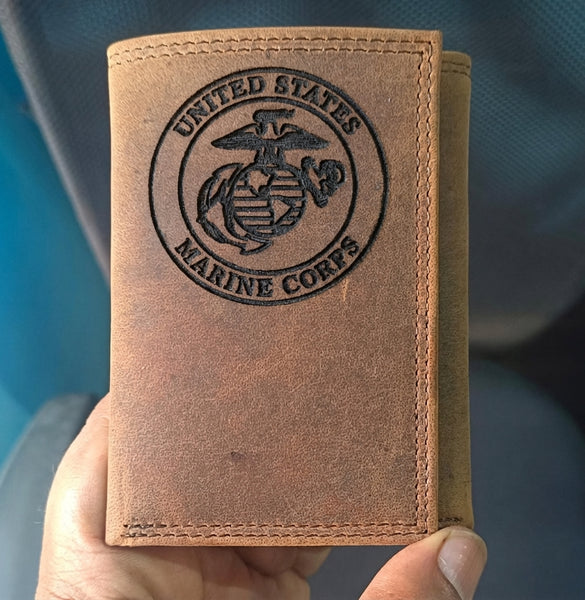 USMC Marine Corps Engraved Trifold Wallet - Brown Leather Men's Gift