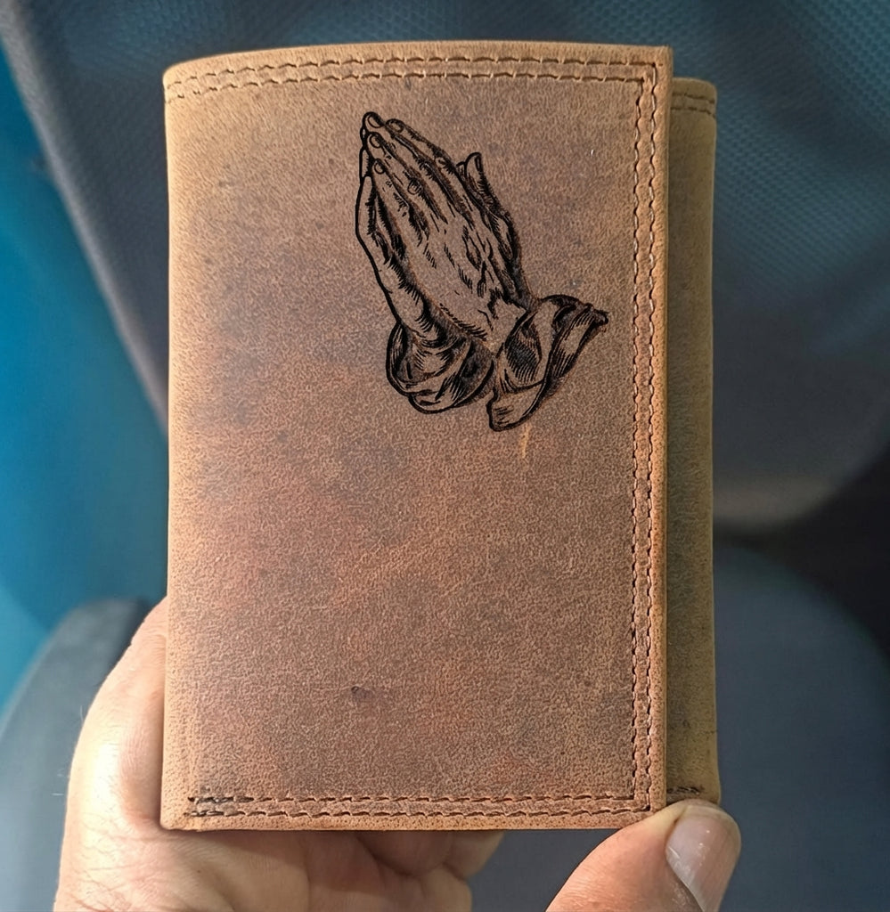 Men's Engraved Leather Trifold Wallet with Praying Hands Design