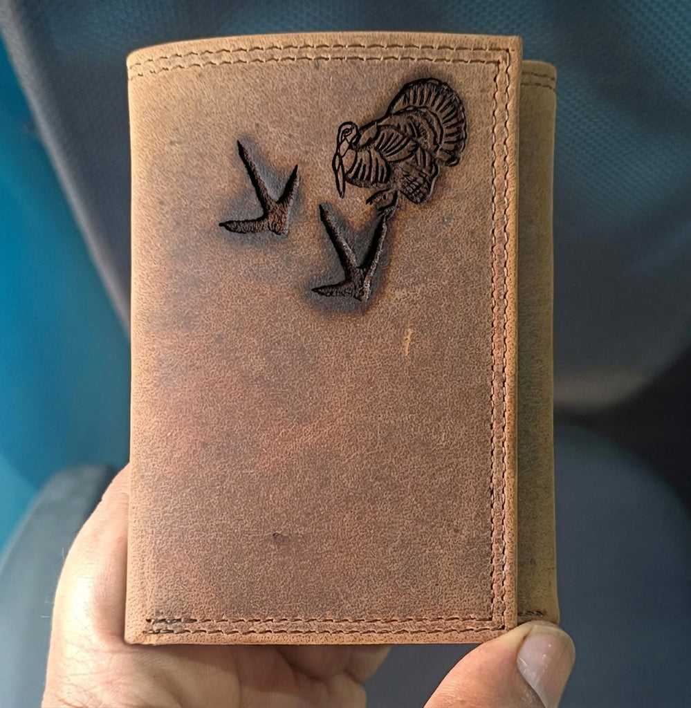Men's Distressed Leather Trifold Wallet with Embossed Wild Turkey Design