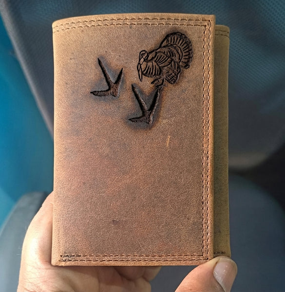 Men's Distressed Leather Trifold Wallet with Embossed Wild Turkey Design