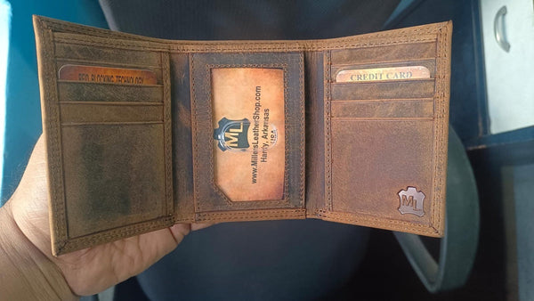 Men's Engraved Leather Trifold Wallet with Praying Hands Design