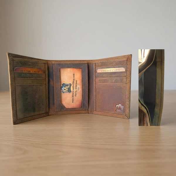 Handcrafted Men's Leather Trifold Wallet - Veteran US Flag Design