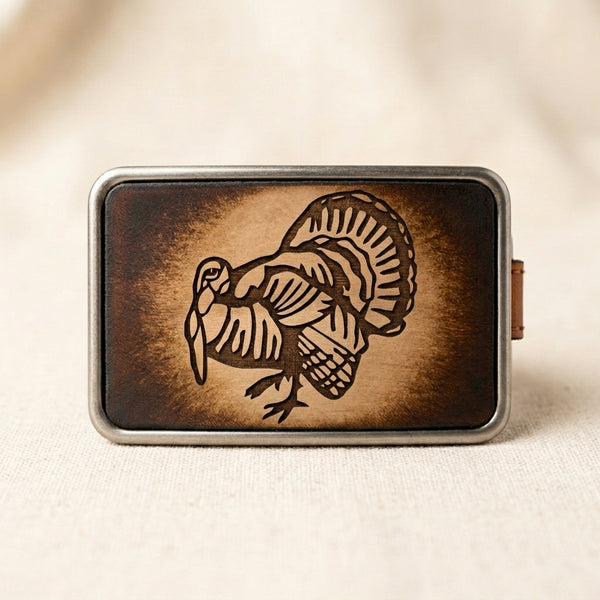 Handcrafted Leather Turkey Belt Buckle with Vintage Sunburst Finish