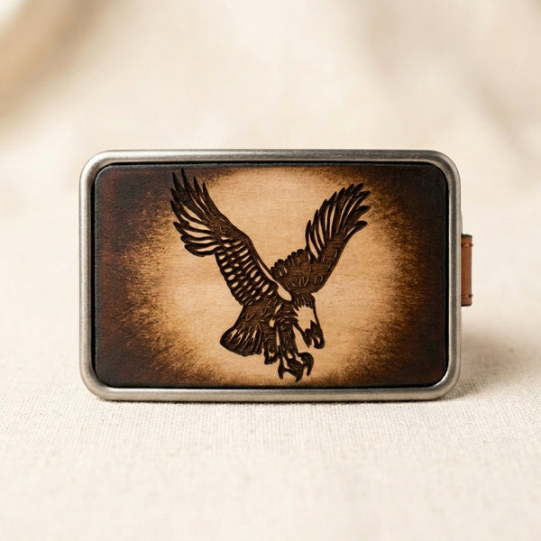 Eagle in Flight Design Handcrafted Leather Inlay Belt Buckle