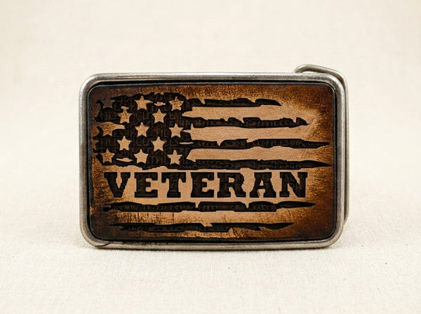 Distressed Leather American Flag Veteran Belt Buckle