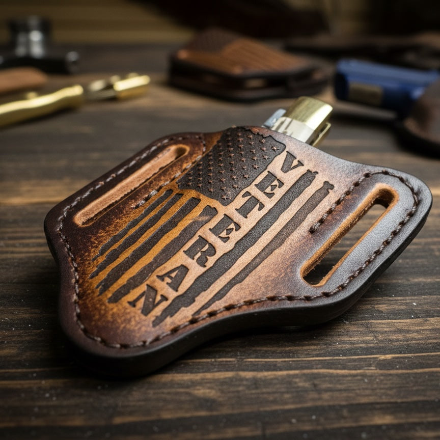 Brown leather key case with 'Veteran" engraving, laying on a table

