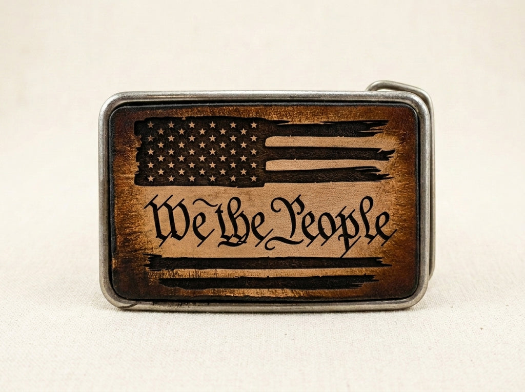 We the People Flag Design Handcrafted Leather Inlay Belt Buckle