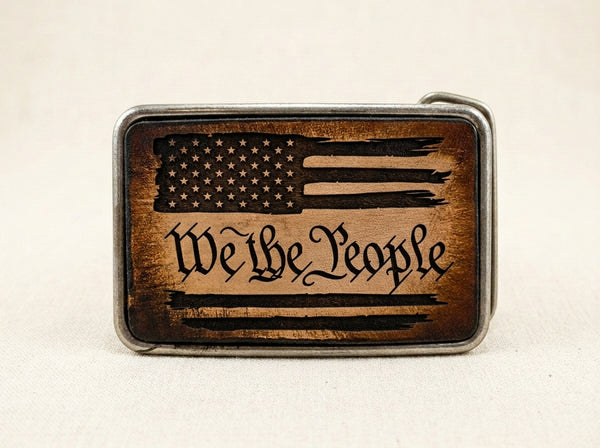 We the People Flag Design Handcrafted Leather Inlay Belt Buckle