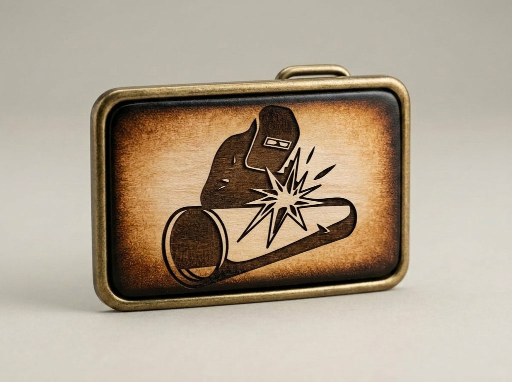 Hand-Tooled Leather Welder Belt Buckle - Pipe Welding Design