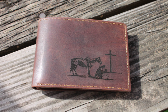 COWBOY AT THE CROSS PRAYING BIFOLD DISTRESSED LEATHER WALLET