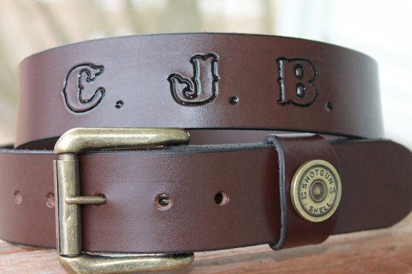 Leather Belt with Shotgun Shell Loop accent in Brown or Black (Solid Leather and no stitching)