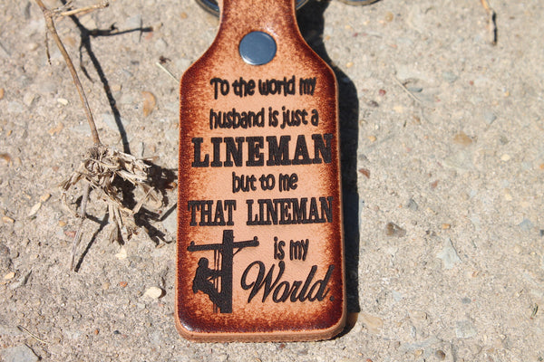 That LINEMAN is my world Keychain, gift for lineman lady, line wife gift, deeply engraved leather, Gift Boxed!