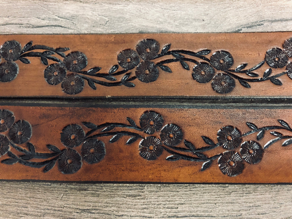 Cowgirl Belt, Child size Tooled Leather Flower Belt - 70s Vintage Handmade Style