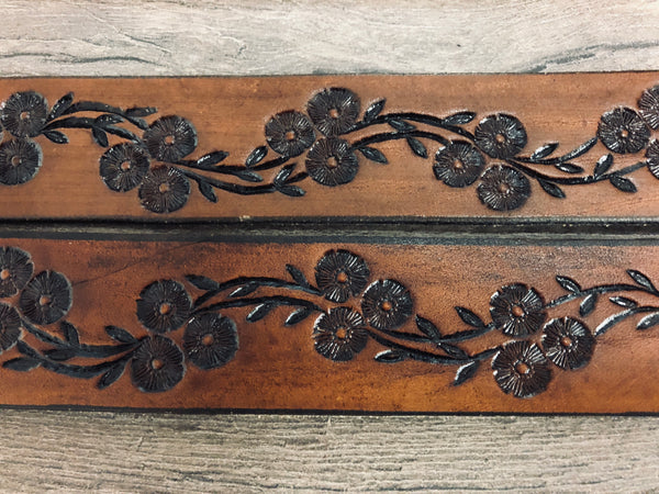 Cowgirl Belt, Child size Tooled Leather Flower Belt - 70s Vintage Handmade Style