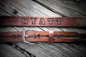 Kid's Leather Belt, BARBWIRE BELT, cowboy belt,Name Engraved Free!